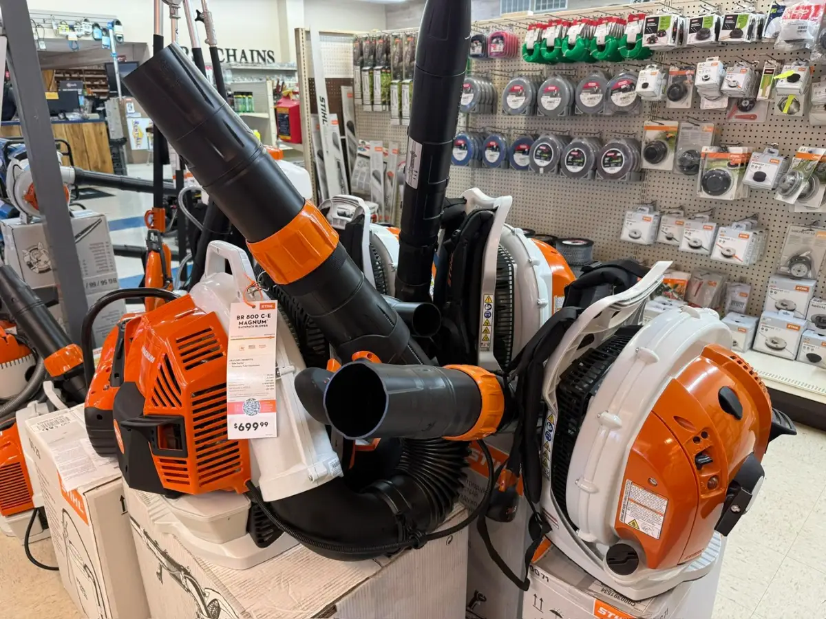 Stihl blowers and chainsaws in the Brookhaven Rent-All showroom