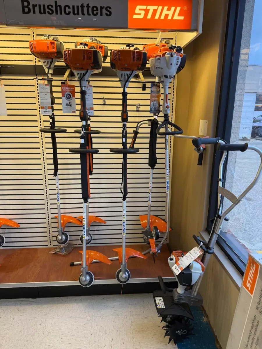 Stihl brushcutters and lawn tools on display in store
