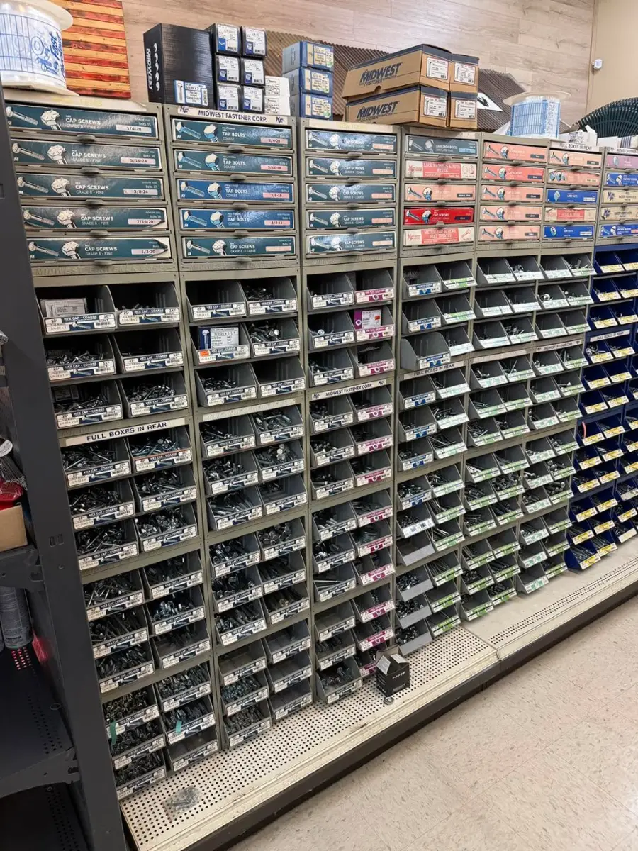 Parts and fastener bins at Brookhaven Rent-All